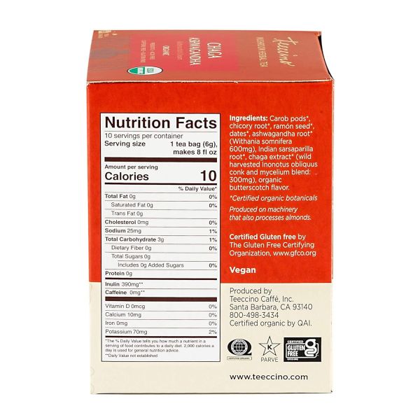 Teeccino Chaga Ashwagandha Tea, Butterscotch Cream - 25 Tea Bags