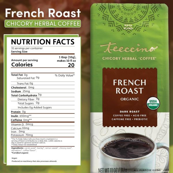 Teeccino Chicory Herbal Coffee Alternative, Organic Mediterranean Blend French Roast