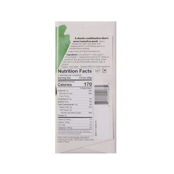 Theo Organic 70% Dark Chocolate Bar, Mint - 3 oz