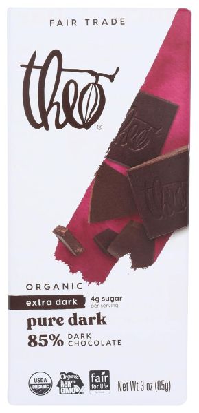 Theo Organic 85% Dark Chocolate Bar, Unflavored - 3 oz