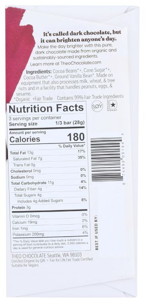 Theo Organic 85% Dark Chocolate Bar, Unflavored - 3 oz