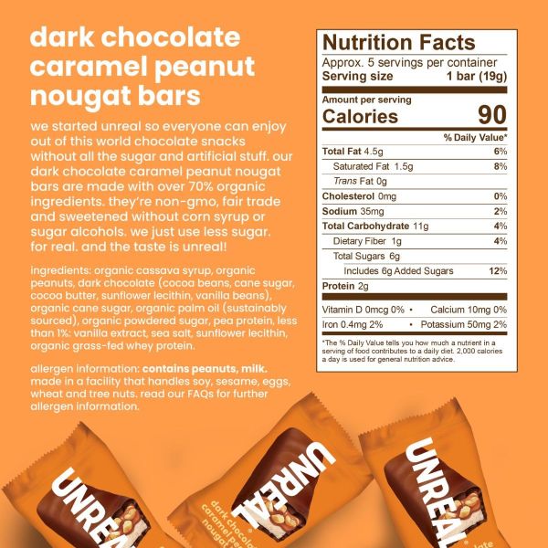 Unreal Dark Chocolate Caramel Peanut Nougat Candy Bars - 3.4 oz