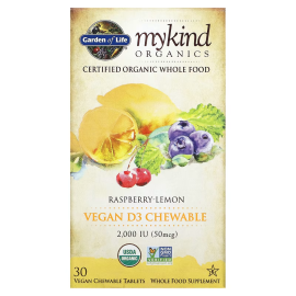 Garden of Life, MyKind Organics, Vegan D3, Raspberry-Lemon, 50 mcg (2,000 IU), 30 Vegan Chewable Tab