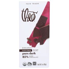 Theo Organic 85% Dark Chocolate Bar, Unflavored - 3 oz