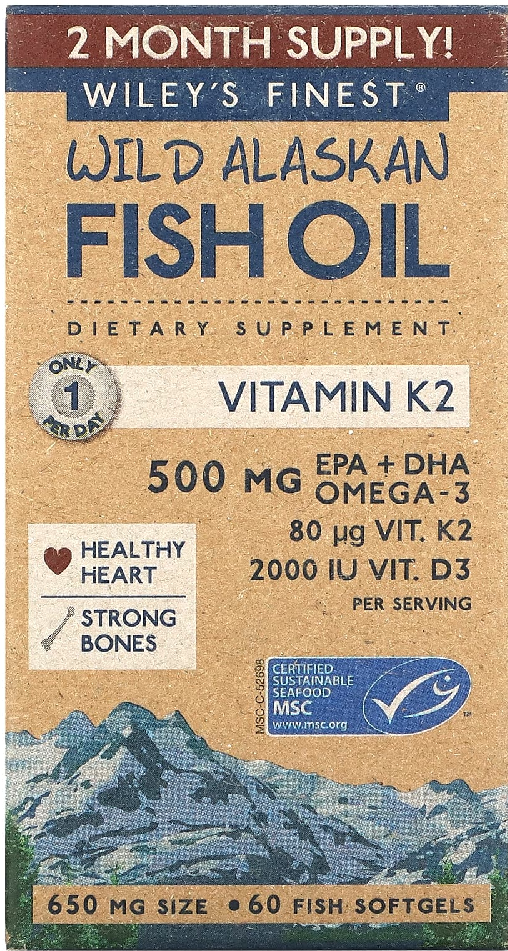 Wiley's Finest, Wild Alaskan Fish Oil, Vitamin K2, 650 mg, 60 Fish