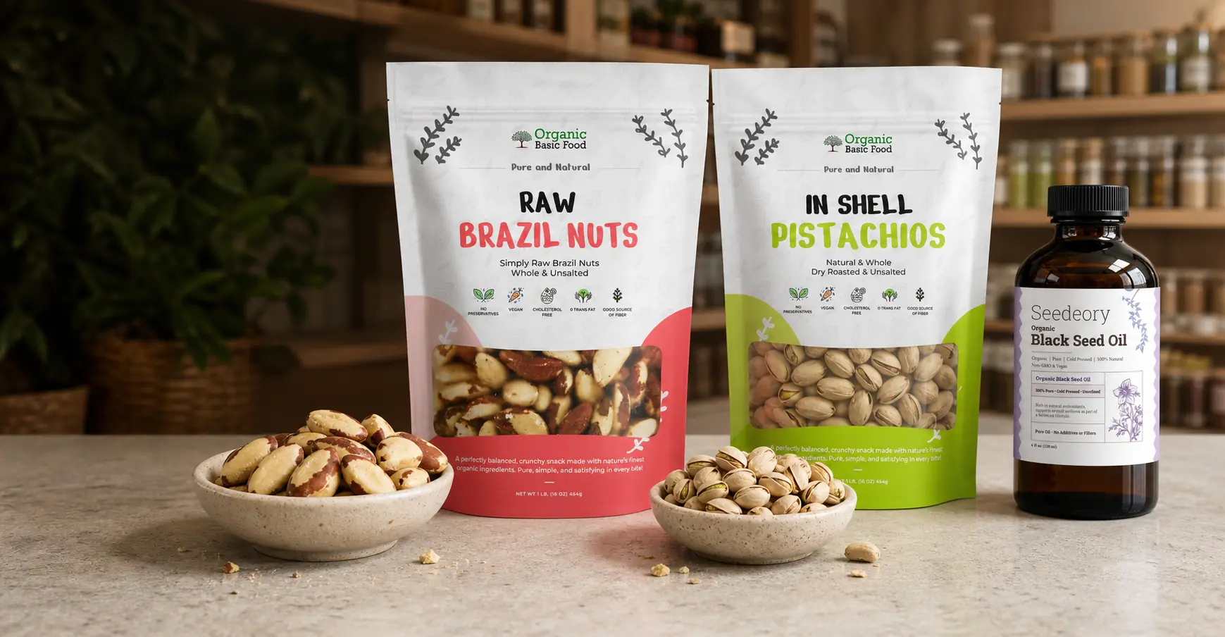 Organic Basic Food raw almond and cashew pouches with Seedeory jojoba oil and bowls of raw nuts